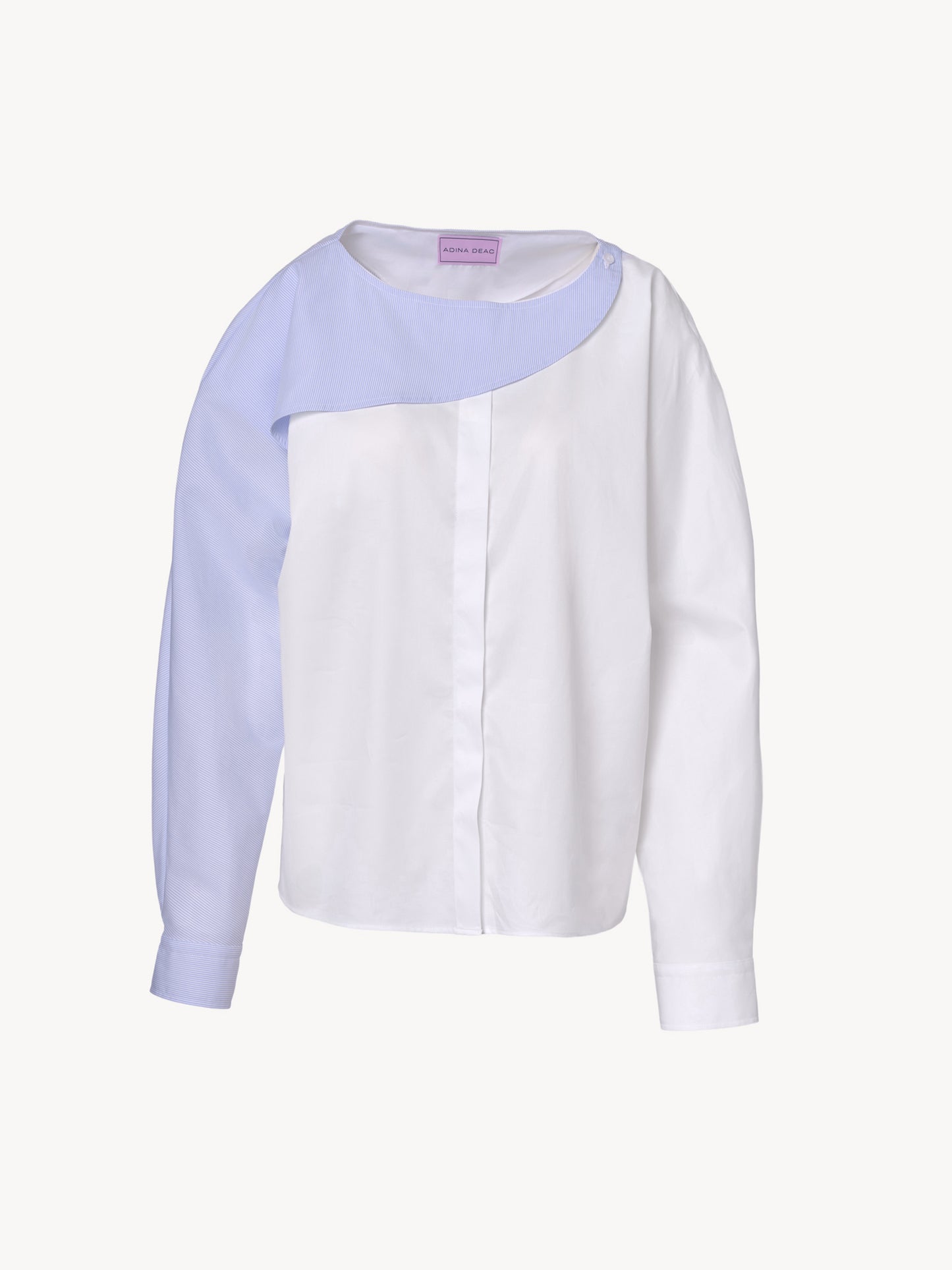 Structured boatneck blue and white cotton shirt with geometric lines and modern asymmetric cut