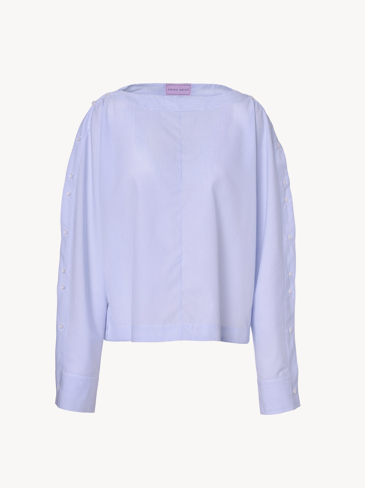The Monday Shirt in blue, premium cotton shirt with geometric lines and asymmetric details, front view on white background
