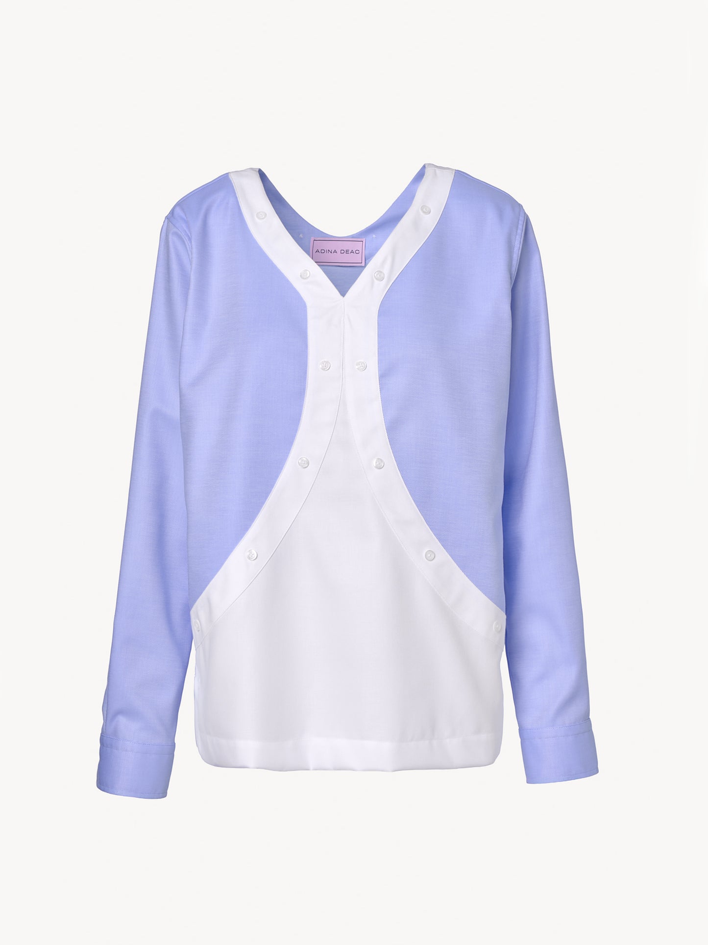 V-neck blue and white oversized shirt with structured silhouette and asymmetric construction