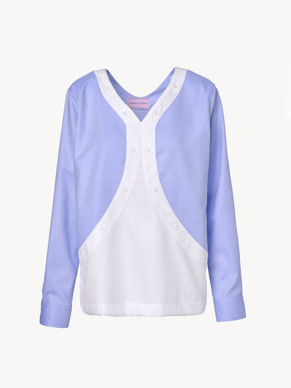 V-neck blue and white oversized shirt with structured silhouette and asymmetric construction
