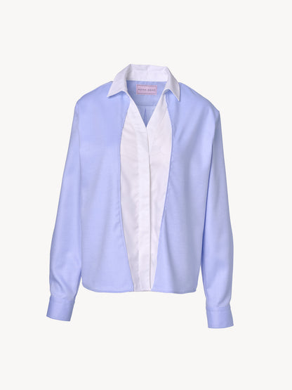 Contemporary white and blue cotton shirt with structured silhouette and asymmetric construction