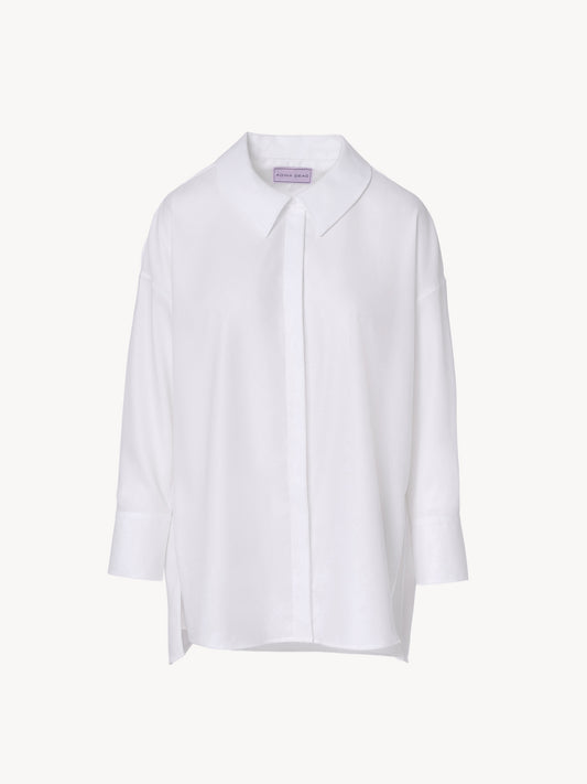 Modern oversized collar white shirt with clean lines and asymmetric detailing